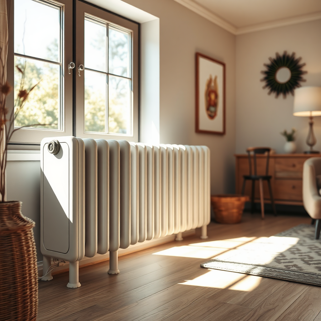 A photorealistic image depicting a well-maintained heating system in a stylish home setting. The image captures the warmth and coziness of the space, with natural light streaming in. Textures of the heating unit and surroundings are meticulously presented. The camera angle evokes a sense of lasting comfort and reliability within the home.