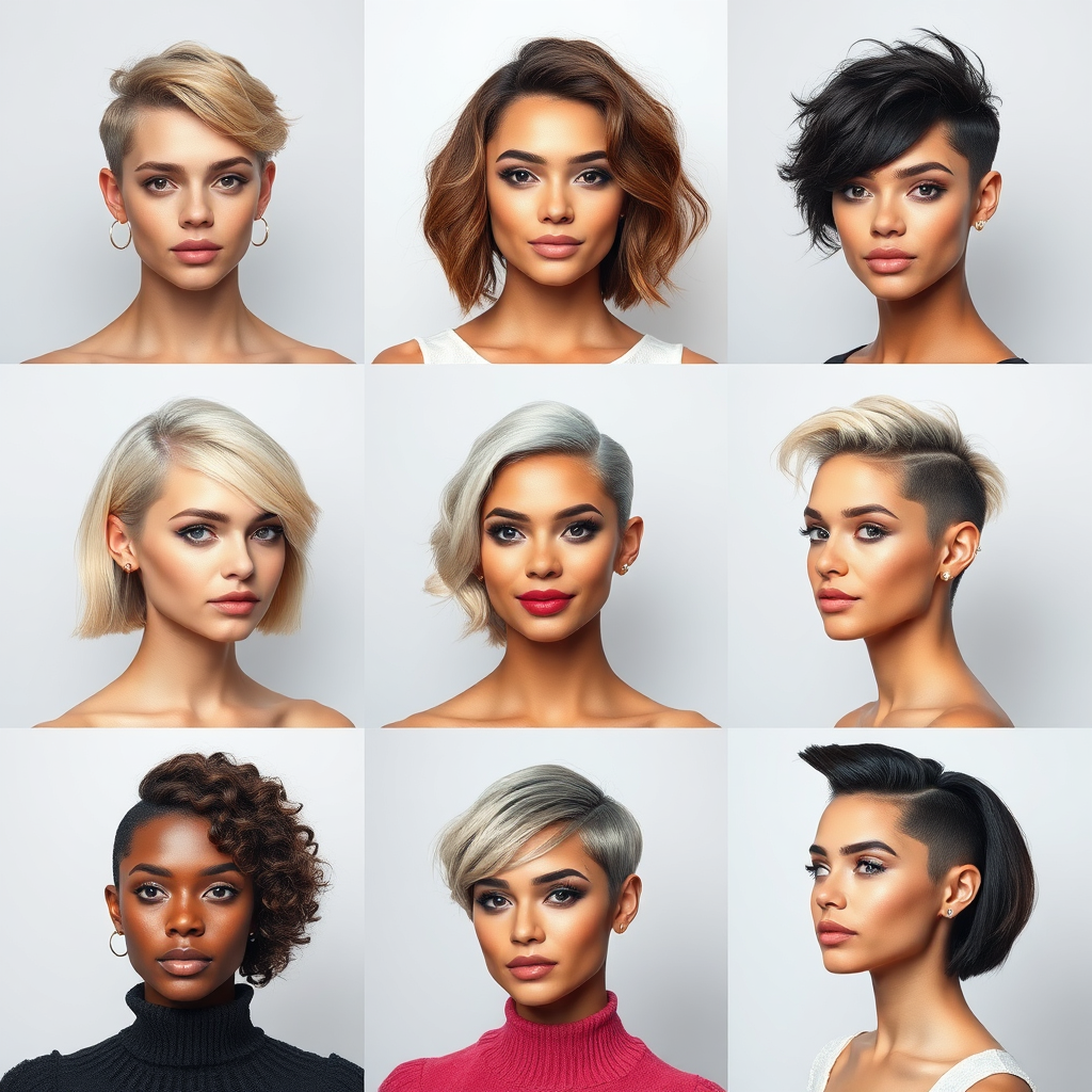 A photorealistic image displaying a series of diverse models with different face shapes styled in trendy hair cuts. Each model stands against a simple background that accentuates their look. The lighting is soft and flattering, capturing the vibrancy of each hairstyle. High-resolution details focus on the precision of cuts designed for each unique face shape.