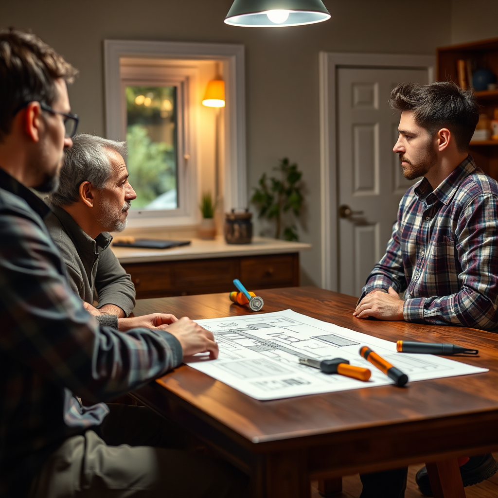 A photorealistic image illustrating a consultation meeting with a homeowner discussing plumbing needs. A clear blueprint and tools are present on the table, emphasizing a custom approach. Warm interior lighting adds to the inviting atmosphere, with a focus on the attentive expressions of the homeowner and technician.