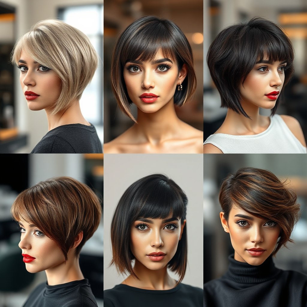 A photorealistic image showing a range of hair cut styles displayed on diverse models, presenting various face shapes. The composition includes close-up shots that highlight each style's distinct features, with each model styled in a unique environment reflecting their individual character. Soft lighting emphasizes the hair's texture and color, set against a gently blurred salon background, designed in high quality to illustrate the beauty of tailored hair cuts.
