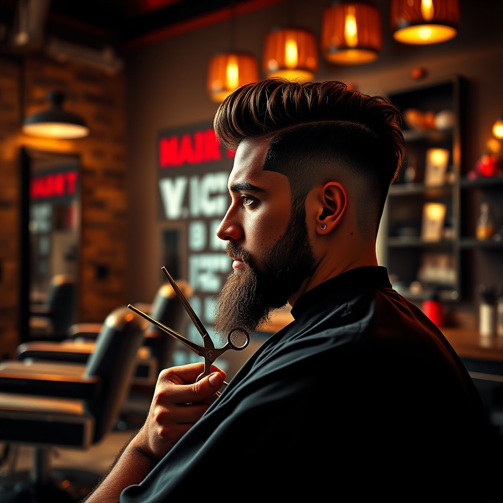 A photorealistic, ultra-high quality header image showcasing the vibrant atmosphere of 'Hair Den', a stylish barber shop. The composition features a well-groomed barber in action, using scissors on a customer's hair, with modern barber chairs and a sleek mirror in the background. The lighting is warm, inviting, highlighting the textures of hair and skin, while a palette of earthy tones combined with accents of deep red and black give a refined barber shop feel. Shot at eye level to capture the details of the styling process with an 8K resolution, hyperrealistic finish.