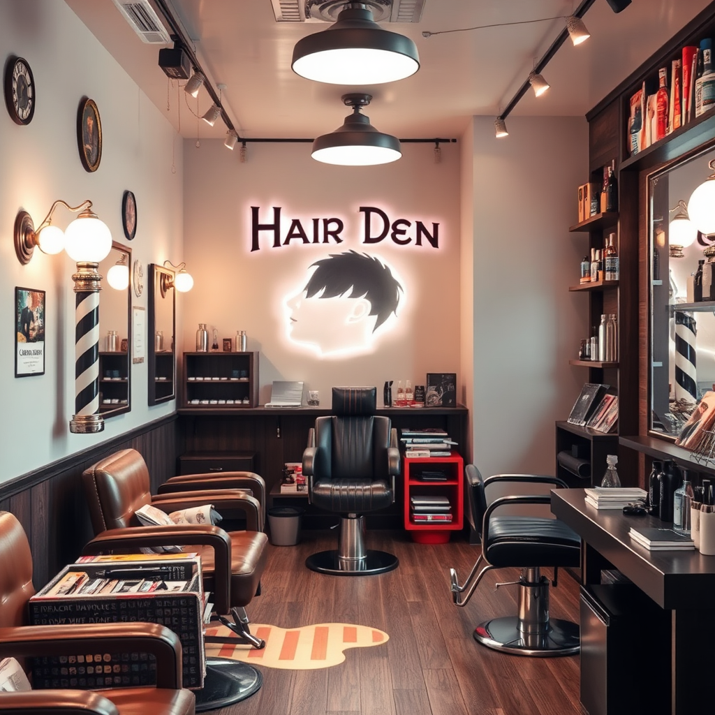A stylized image depicting the essence of 'Hair Den', focusing on hair cuts, styles, and upkeep. The setting includes a cozy, modern barber shop environment with vintage barber poles, a waiting area filled with trendy magazines, and beautifully arranged grooming products. Soft, natural lighting accentuates the space, featuring a blend of warm wood tones and metallic finishes. The composition captures the welcoming ambience, inviting clients to relax and enjoy their grooming experience, in 4K resolution, high quality.