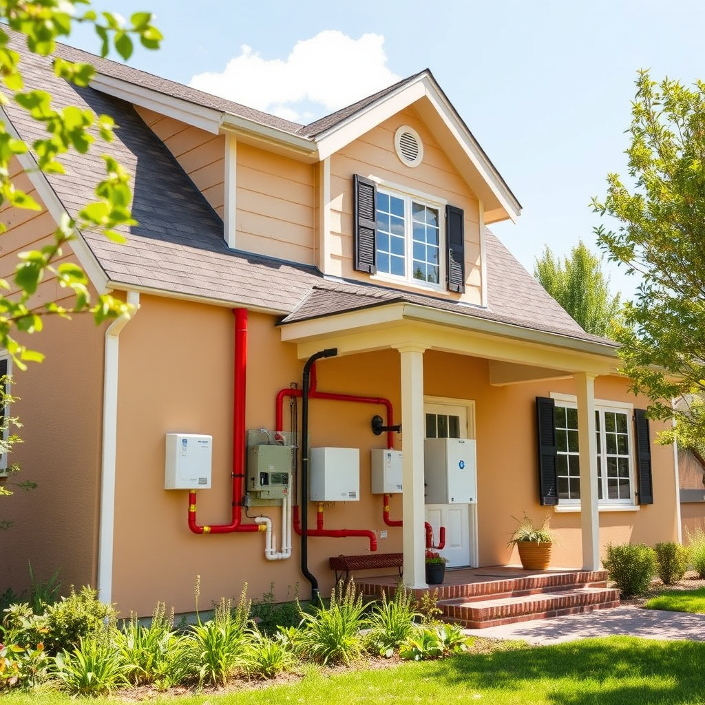 A stylized image of a home with energy-efficient plumbing and heating systems visibly highlighted. The exterior shows a sunny day, with green elements in the landscape. The colors are bright and vibrant, emphasizing a sustainable lifestyle. The camera angle captures the entire house while putting focus on the modern plumbing fixtures.