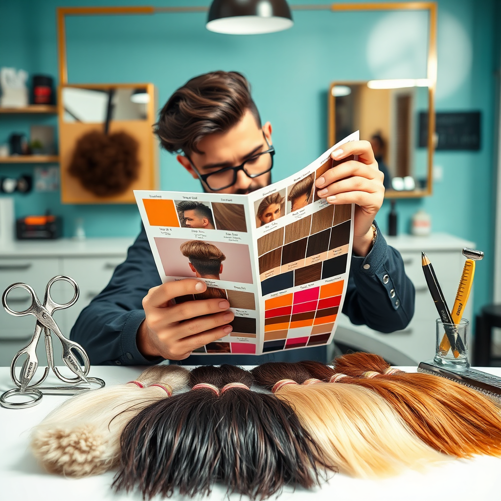 A vibrant and stylized image showcasing a barber analyzing various hair types using a color guide, with samples of hair textures in the foreground. The composition includes tools like scissors and combs artistically arranged around a modern barber station. Bright, inviting colors and perfect lighting capture the meticulous nature of selecting the right styles according to hair types, crafted in high quality, engaging visuals.