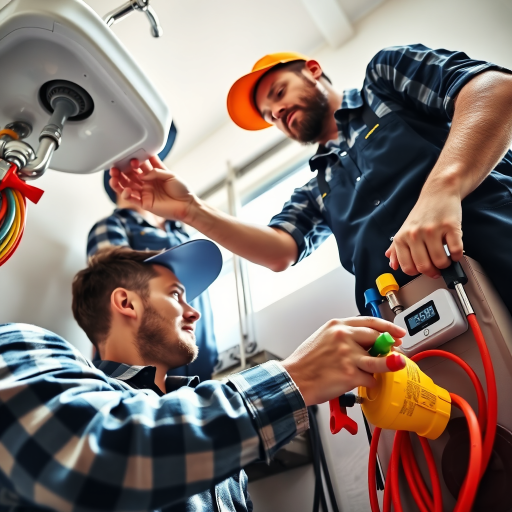 A vibrant image showcasing a variety of plumbing and heating services being performed. The composition includes a plumber fixing a sink and another adjusting a thermostat. Bright, natural lighting creates an energetic environment, with colorful tools and fixtures in focus. The camera angle captures the collaborative effort of the team.