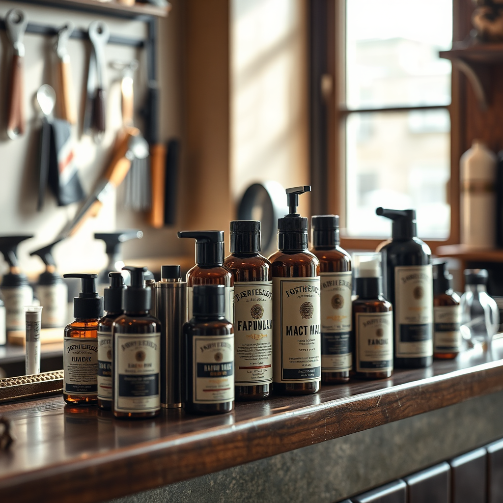 An engaging photorealistic image featuring a neatly arranged display of essential hair care products on a stylish barber shop shelf. Natural light streams in through a window, highlighting product labels and textures. The environment is cozy and inviting, with vintage barber tools hanging on the walls in the background. Focused on delivering a feeling of sophistication and care, crafted in high-end quality.