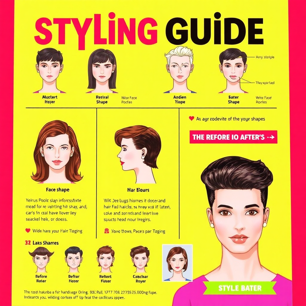 An informative and vibrant image featuring a detailed styling guide with illustrations of different face shapes and corresponding haircuts. The colorful layout utilizes bold typography and creative graphics to make the information easy to digest. The background should be bright and before-and-after images could illustrate the transformative power of the right haircut.