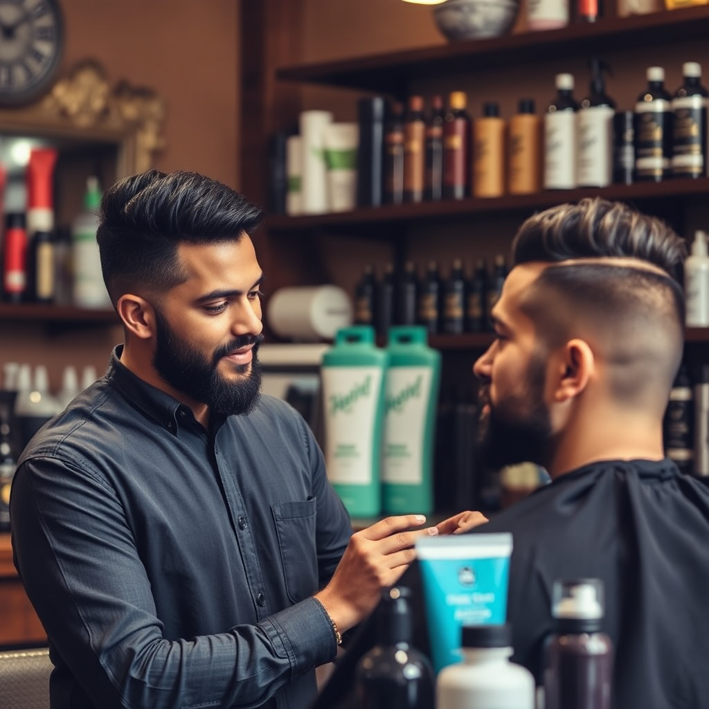 An inviting image featuring a barber advising a client about hair care products suited for their unique hair type. The setting is warm and welcoming, filled with hair care items neatly displayed. The interplay of light and shadow accentuates the detail in both the barber's and client's expressions, emphasizing a meaningful connection in the hair care journey.