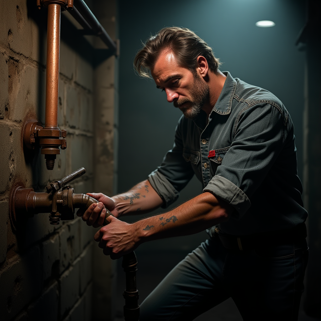 A photorealistic image of a technician performing routine maintenance on a heating system. The setting is an organized workshop with tools neatly arranged. The lighting emphasizes the technician’s careful inspection of the system, with textures showing the intricate details of the equipment. The camera angle captures the focus on the technician's hands.