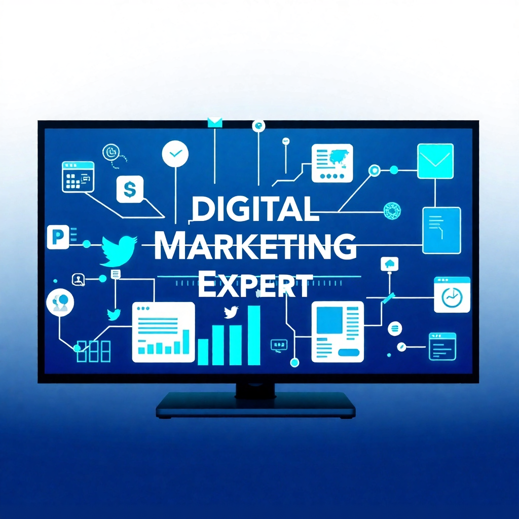 A comprehensive visual representation of digital marketing elements, including graphs, social media icons, and website snapshots, all interconnected on a digital screen. The composition is sleek and modern, with blue and green color tones symbolizing technology and growth. The lighting is bright, creating an engaging and professional atmosphere. The image illustrates the integrated nature of a successful digital marketing ecosystem, presented in high quality, 4K resolution.