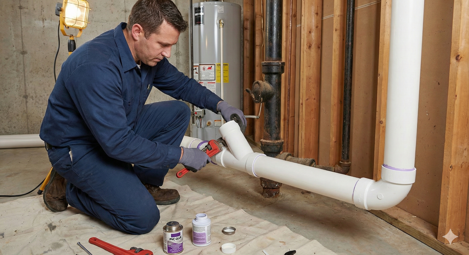 A bright and engaging image of a plumber working on a sink in a modern kitchen. Natural light streams into the room, highlighting the cleanliness of the space. The focus is on the plumber's skilled hands navigating the pipes, creating a feeling of professionalism and expertise.