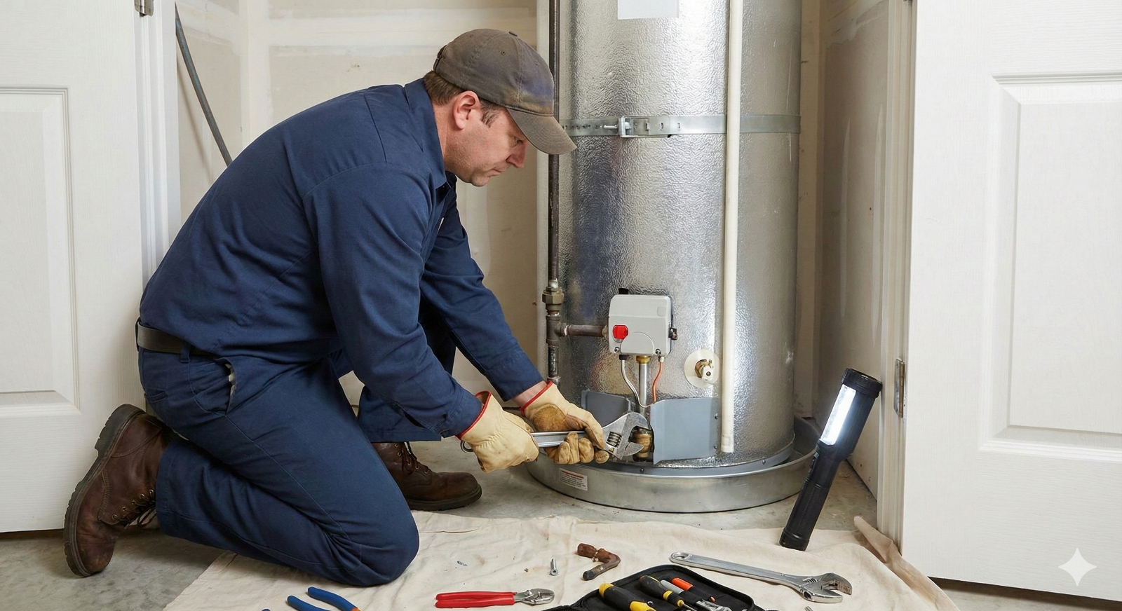 A dramatic image of a plumber answering a call at night, preparing to respond to an urgent repair request. The lighting from a street lamp and car headlights creates tension, emphasizing the urgency of the situation. The focus is on the technician’s determined expression and readiness to help.