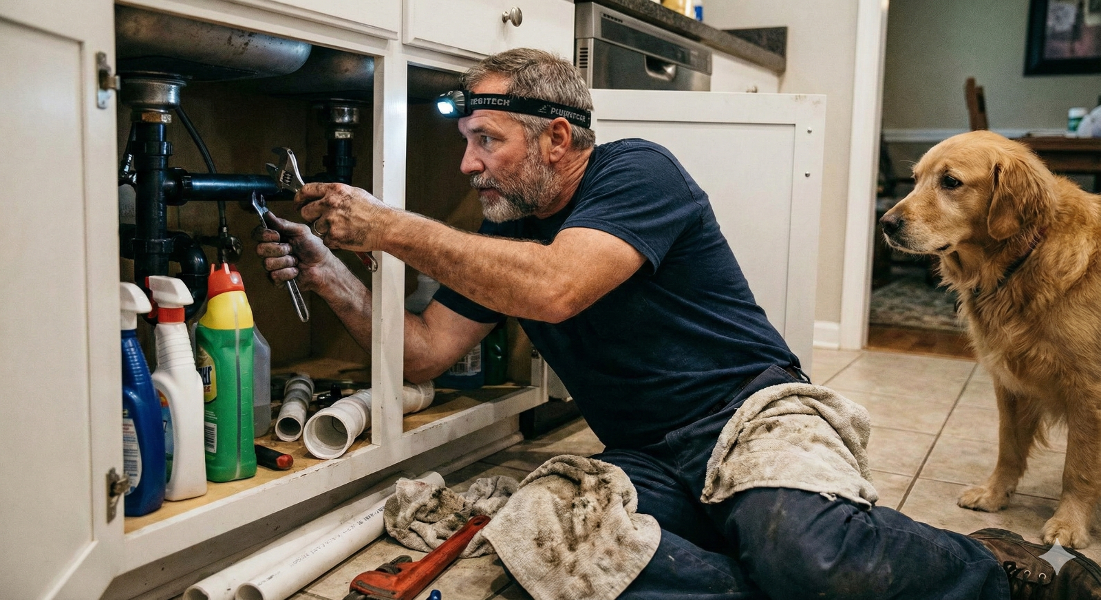 A photorealistic image of a technician installing a heating system in a cozy living room. Soft lighting enhances the comfortable atmosphere, while the technician's focused expression shows dedication. The color palette is warm, inviting, and perfectly highlights the system being installed.
