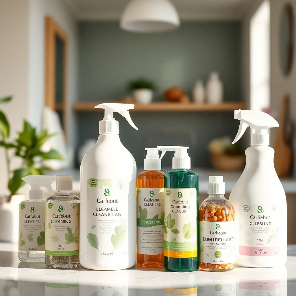 A close-up shot showcasing a variety of eco-friendly cleaning products, with a blurred background showing a clean and fresh domestic setting, perhaps a bathroom or kitchen. The image should emphasize the natural look of the products and their sustainable packaging, conveying a sense of responsible cleaning. High resolution, professional lighting, soft and inviting atmosphere.