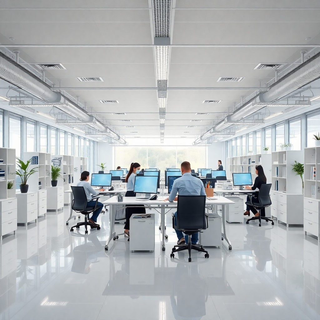 A photorealistic image depicting a modern, open-plan office space impeccably clean and organized.  Employees are shown collaborating in a bright, airy environment with gleaming desks, polished floors, and minimalist decor. The scene should convey a sense of calm efficiency and productivity.  High resolution, 8k quality, detailed textures, vibrant colors, sharp focus.