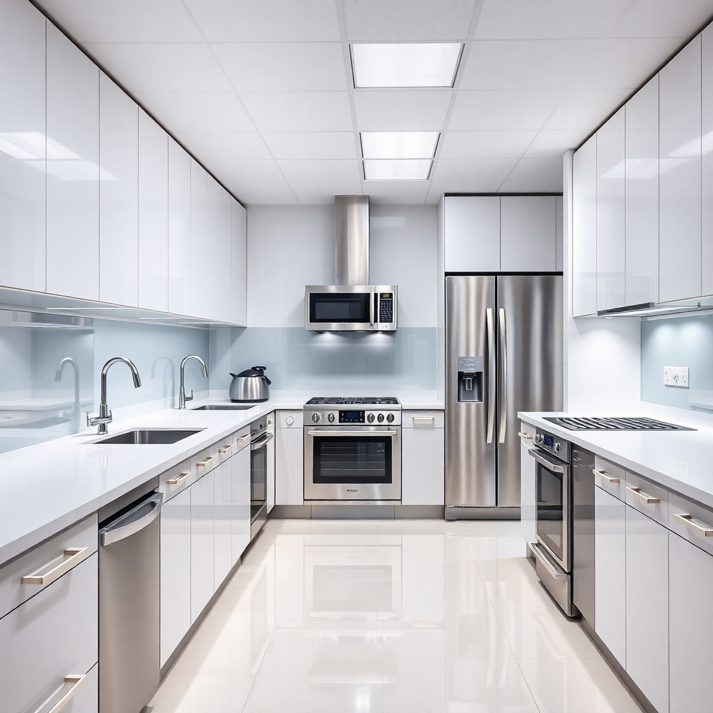 A photorealistic image of a modern office kitchen, gleaming after a professional cleaning. Show stainless steel appliances sparkling, countertops polished to a high shine, and the floor spotless. The overall impression should be one of pristine cleanliness and order. High resolution, sharp details, bright and airy lighting.