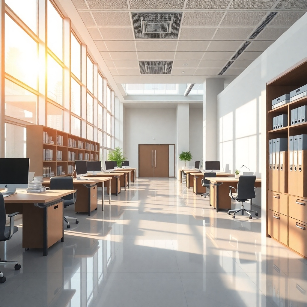 A photorealistic image of a modern, bright office space. Gleaming desks, polished floors, and meticulously organized files are visible. Sunlight streams through large windows, illuminating dust-free surfaces. The overall impression is one of cleanliness, order, and efficiency. The image should have a professional and inviting feel.