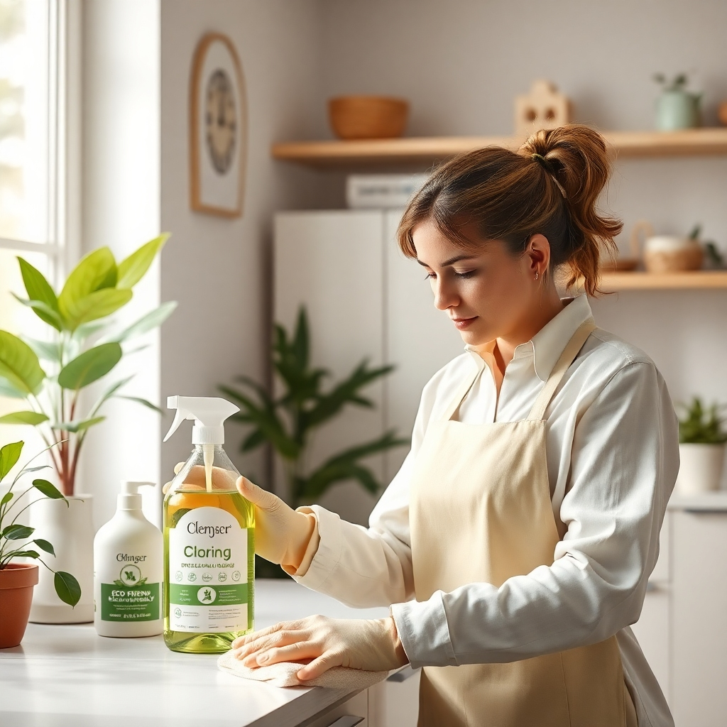 A photorealistic image showcasing a cleaning professional using eco-friendly cleaning products in a domestic setting. The products should be clearly visible and labeled as eco-friendly or sustainable.  The setting should be a bright, airy room with plants adding to the image of a clean and healthy environment. The overall impression is of a responsible and sustainable cleaning approach.