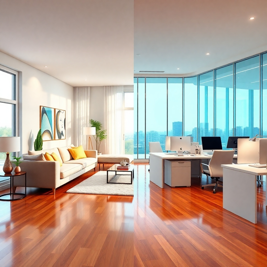 A split image showing two distinct cleaning scenarios: on one side, a neatly organized home living room with gleaming hardwood floors and plush furniture, subtly suggesting a recent professional cleaning; on the other, a modern office space with sparkling glass windows and organized desks, again highlighting a professional clean. The image should contrast different cleaning needs but emphasize spotless results in both environments. High resolution, natural lighting, realistic textures.