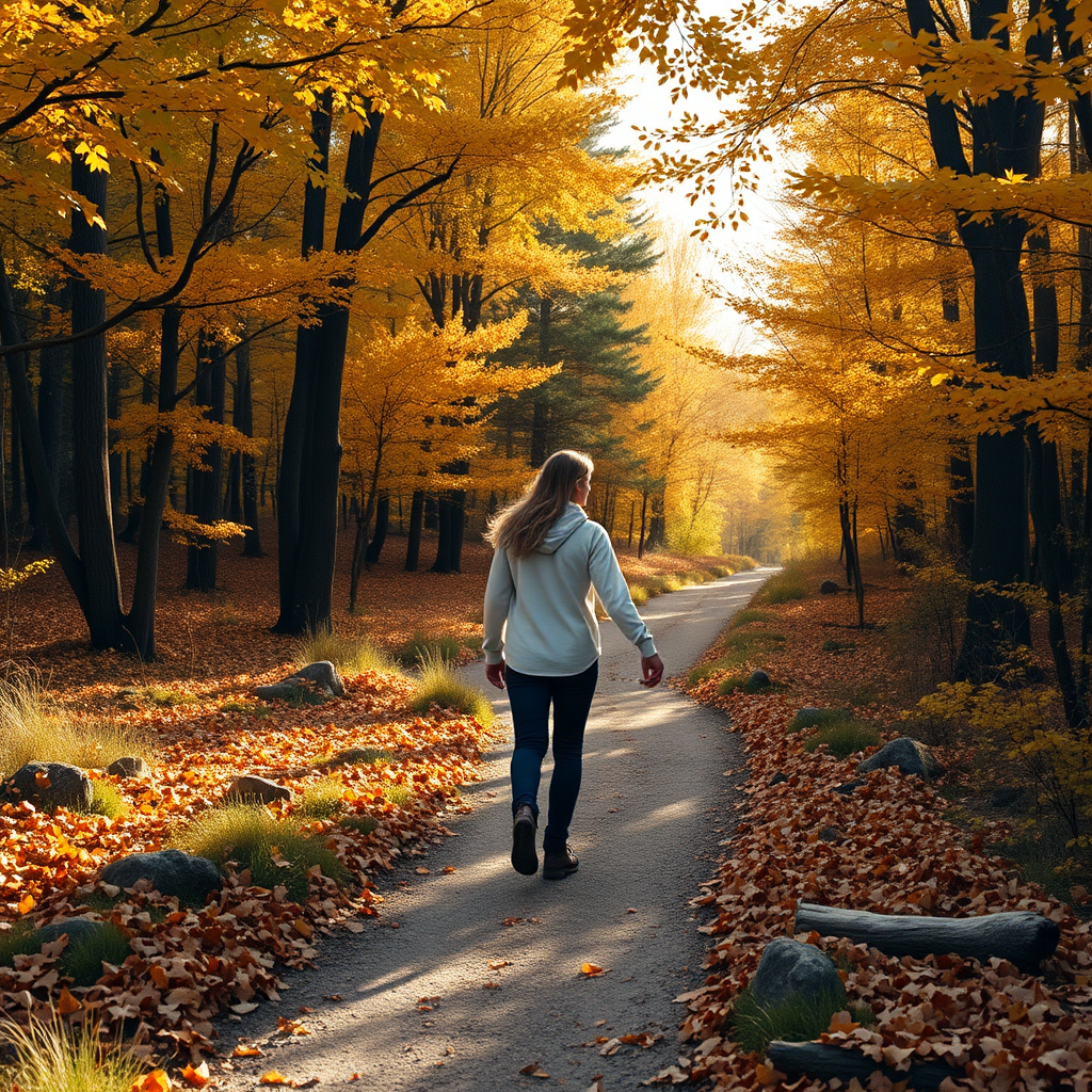 A beautiful, photorealistic image showcasing a couple walking hand-in-hand on a scenic hiking trail surrounded by stunning fall foliage. The warm colors of autumn emphasize the cozy, inviting vibe. The path winds through a grove of trees, with leaves gently falling around them. The sunlight creates a soft glow, adding warmth to the scene as the couple enjoys a tranquil moment in nature.