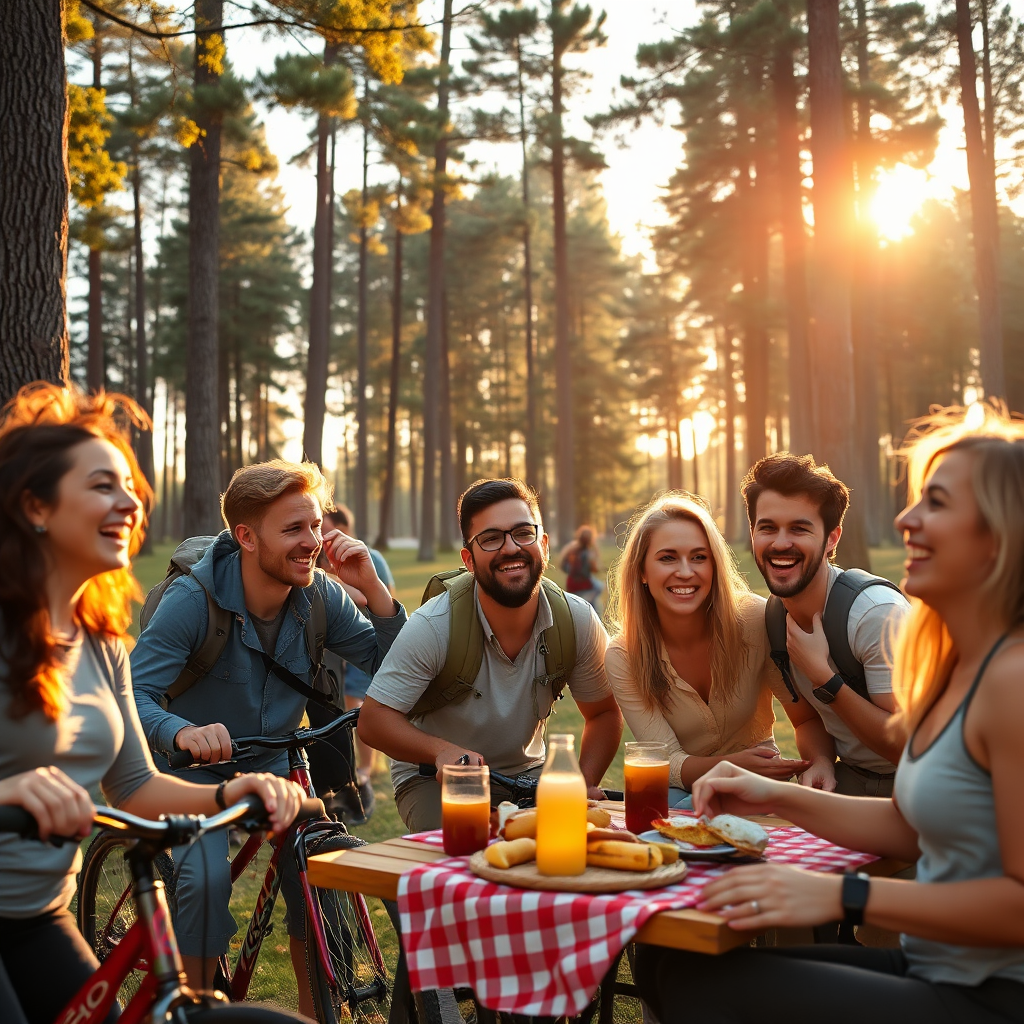 A captivating photorealistic depiction of diverse people engaging in various recreational activities like hiking, cycling, and enjoying a picnic in the park. The scene is set in a sunlit clearing surrounded by tall trees. The warm colors of the setting sun create a golden glow, enhancing the joyful expressions on the participants' faces. The composition is balanced, focusing on a group of friends laughing and sharing moments together. This high-quality 4K image showcases vibrant details, textures of nature, and the enthusiasm of people enjoying their leisure time.