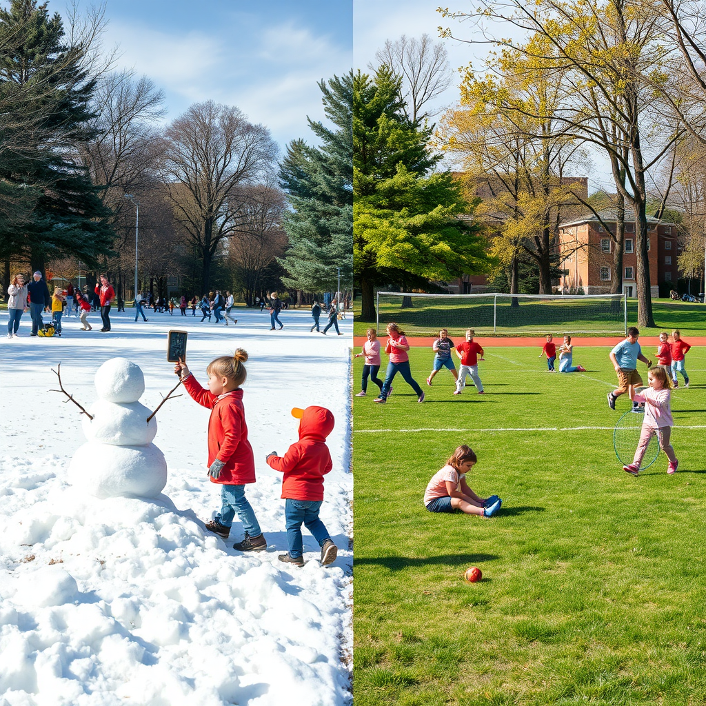 A dynamic and photorealistic image showcasing seasonal recreational activities across a park. On one side, children are building snowmen, and on the other, others are enjoying a summer field day with games and outdoor sports. The contrasting colors of winter white and summer greens reflect the joy of changing seasons. This composition captures the essence of fun and diversity in casual recreational activities throughout the year.
