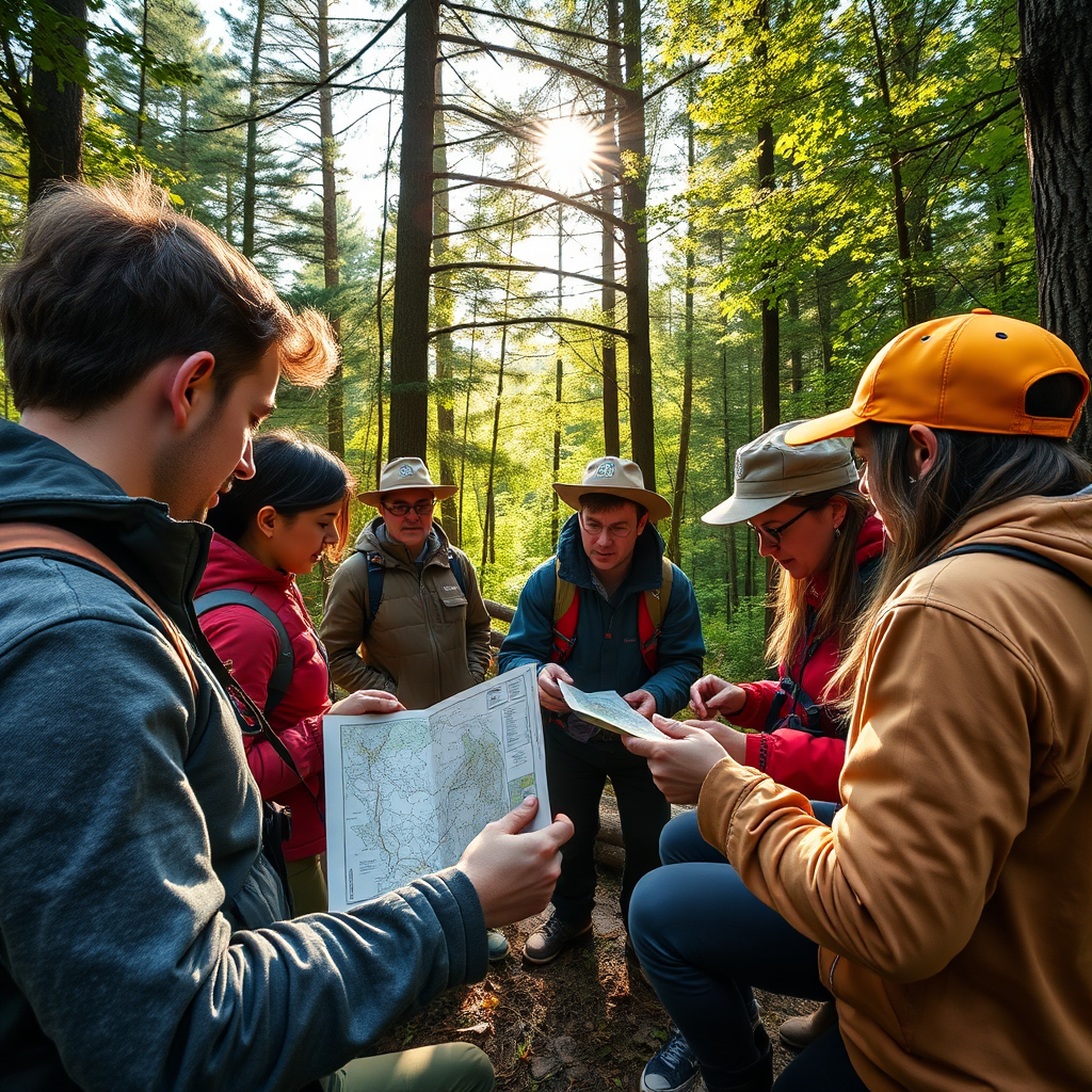 A dynamic photorealistic image of an outdoor workshop where participants are learning to navigate using map and compass techniques. They are engaged and focused, surrounded by a beautiful natural landscape. The sunlight breaks through the trees, enhancing the textures of the forest and the gear being used, conveying a sense of adventure and learning in the open air.