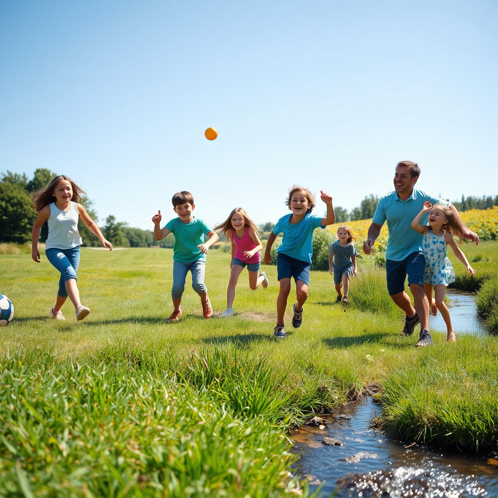A lively photorealistic scene depicting a family playing frisbee on a grassy field by a creek. The sky is clear and blue, and the joyful expressions of the players reflect excitement and togetherness. The texture of the grass is detailed, and the gentle flow of the creek adds to the tranquil ambiance. This image captures the essence of casual fun and recreation in a community-friendly environment.