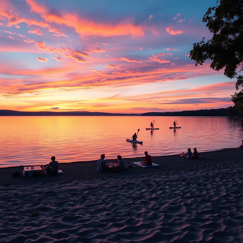 A serene, photorealistic image of a lakeside view during sunset. People are lounging on the shoreline, some having a picnic, while others are enjoying paddle boarding. The colors of the sunset create a stunning palette of oranges, pinks, and purples, reflecting off the water's surface. The scene is peaceful, capturing the textures of the sandy beach and the gentle ripples of the lake, creating an inviting atmosphere perfect for relaxation.