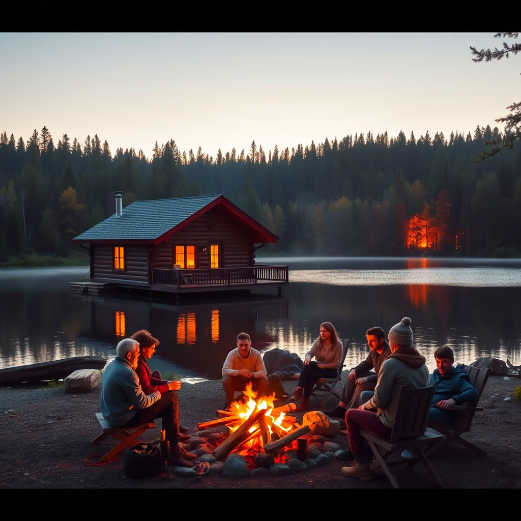 A stunning photorealistic image showing a cozy cabin by a quiet lake at sunset. A small group of friends is gathered around a fire pit, roasting marshmallows. The surrounding forest is bathed in warm golden light, with reflections of the sunset visible in the calm waters. The scene evokes a sense of peace and adventure, perfect for inspiring weekend escapes to reconnect with nature and friends.
