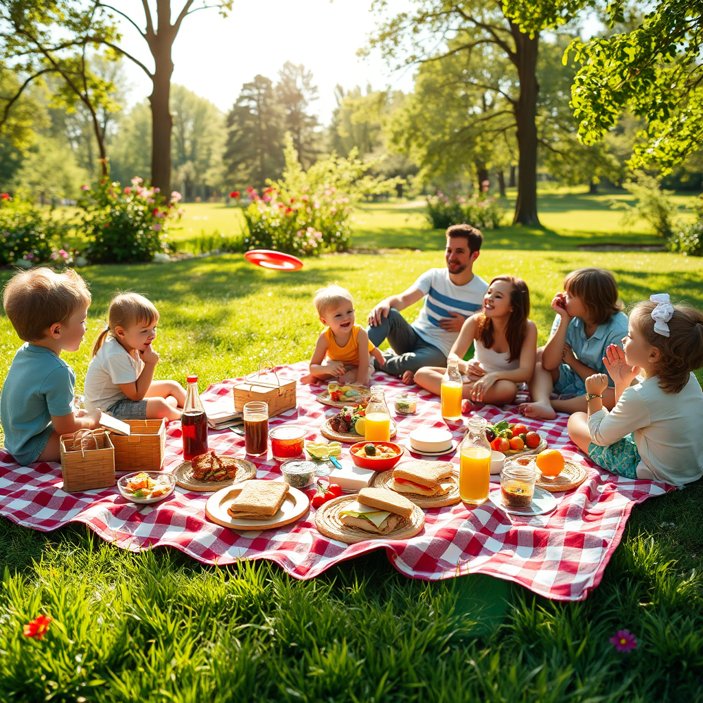 A vibrant and photorealistic image of a picnic setup in a sunlit park. A checkered blanket is spread out with an assortment of picnic foods like sandwiches, fruits, and beverages. Nearby, children are playing frisbee while adults relax on the blanket, enjoying laughter and conversation. The lush greenery and bright flowers around create a joyful and inviting atmosphere ideal for casual recreation.