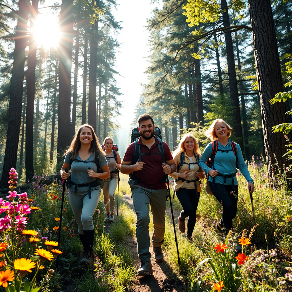A vibrant, photorealistic image showcasing a group of people hiking through a beautiful wooded trail. The sun shines through the leaves, creating a magical atmosphere. The hikers are cheerful, wearing comfortable gear, and surrounded by colorful wildflowers and tall trees. This scene encapsulates the essence of relaxation and adventure, emphasizing the textures of the forest floor and the warm hues of sunlight filtering through the foliage.