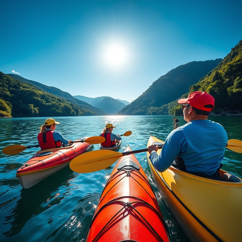 A vibrant photorealistic image showcasing a guided kayaking tour on a serene lake. Participants are being shown techniques by an instructor while enjoying the stunning surroundings. The sun is shining brightly, reflecting off the water, and the lush landscape adds to the picturesque setting. The details of the kayaks and the enthusiastic expressions of the adventurers highlight the excitement and tranquility of outdoor activities.
