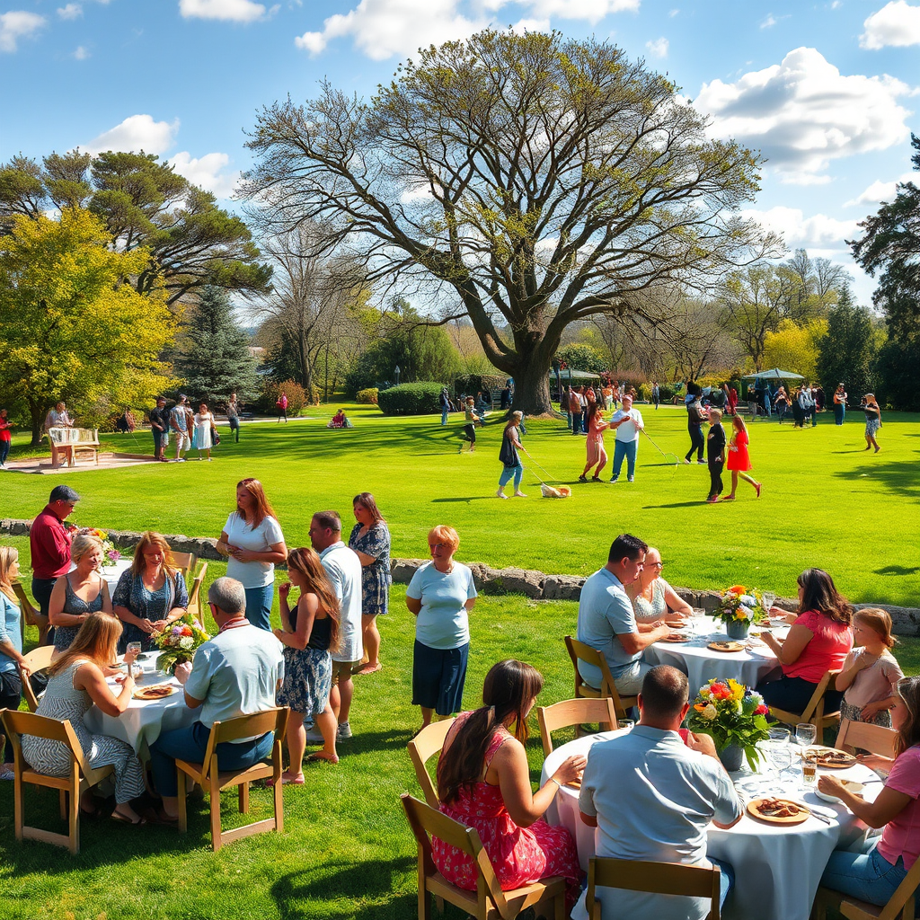 An engaging photorealistic image depicting a well-organized outdoor event in a beautiful park setting. Guests are mingling at tables decorated with natural elements like flowers and greenery. There are fun activities happening in the background, such as lawn games and team-building exercises. The atmosphere is warm and inviting, encapsulating the essence of joyful gatherings in nature.