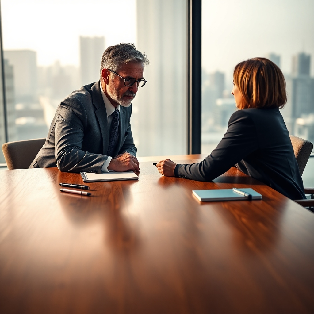 A photorealistic, 8K resolution image depicting a serious, middle-aged executive in a modern, minimalist office. He is leaning forward, deeply engaged in a conversation with a consultant, both seated across a large, polished wooden table. The executive's expression is one of focused determination, while the consultant appears calm and encouraging. Soft diffused lighting illuminates the scene, casting a warm, inviting mood. The color palette is muted and sophisticated, with earth tones and subtle blues. The image is taken from a slightly low angle, showcasing the executive's power and the consultant's supportive role.  The table is meticulously clean, with only a few high-end pens and a sleek, modern notebook present. Textures include the smooth wood grain of the table, the fine weave of the executive's suit, and the subtle texture of the consultant's tailored clothing. The background is a softly blurred view of a modern cityscape, suggesting a sense of scale and ambition. The overall style emulates the work of Annie Leibovitz, capturing a moment of intense thought and deliberation. The image is hyperrealistic, ultra-detailed, showcasing exceptional clarity and texture.