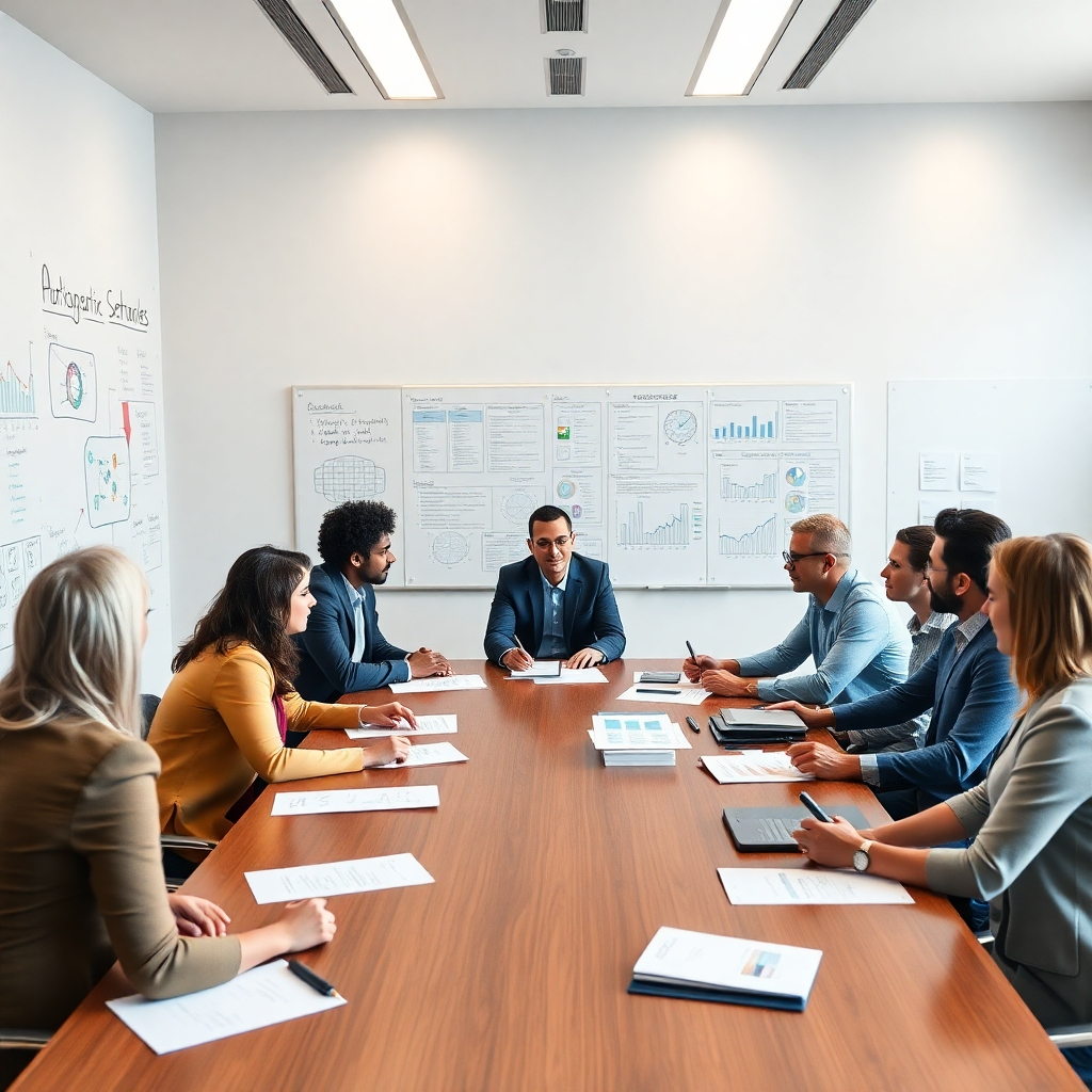 A photorealistic image depicting a meeting room with diverse business leaders around a large table, engaged in a brainstorming session. Whiteboards filled with strategic plans, charts, and graphs should be visible in the background. The image should convey a sense of collaboration, innovation, and strategic thinking, with a focus on clear communication and problem-solving.