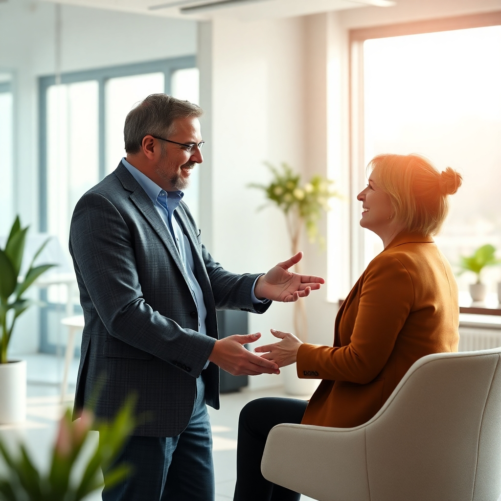 A photorealistic image depicting a coaching session between an executive and a coach. The setting should be a bright, airy office space with natural light. The focus should be on a collaborative, positive interaction, with the executive engaged and showing signs of self-discovery and empowerment.