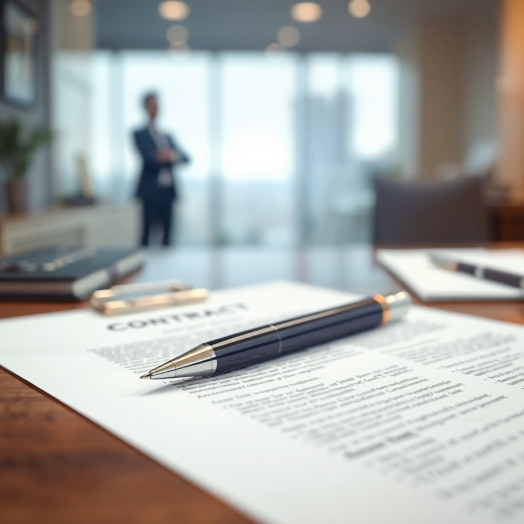 A photorealistic image depicting a contract or agreement document with a pen resting on it. The background should subtly show a blurred image of a successful businessperson, confidently looking toward the future.  The scene should convey a sense of security, planning, and commitment. High-resolution, 8k quality, professional setting