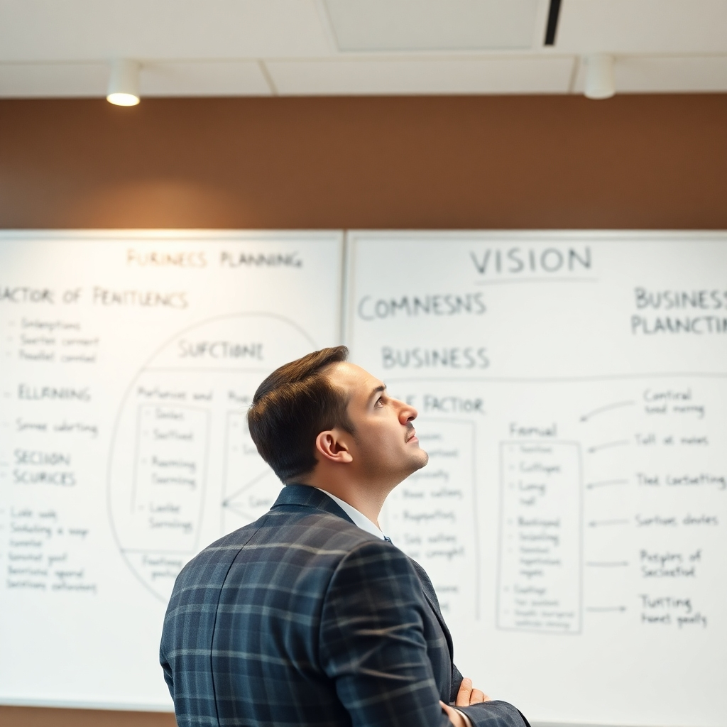 A photorealistic image of a confident business executive looking thoughtfully at a large whiteboard filled with strategic planning diagrams and inspirational keywords related to business vision and goals. The background should be a modern, minimalist office setting, emphasizing clarity and focus.