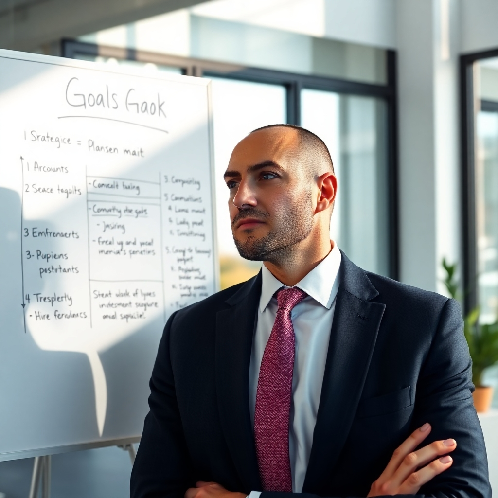 A photorealistic image of a confident businessperson, dressed in a sharp suit, looking intently at a whiteboard filled with strategic planning notes and a clearly defined goal written at the top. The background should be a modern, minimalist office setting with natural light streaming in from a large window. The overall mood should be one of focused determination and ambition.