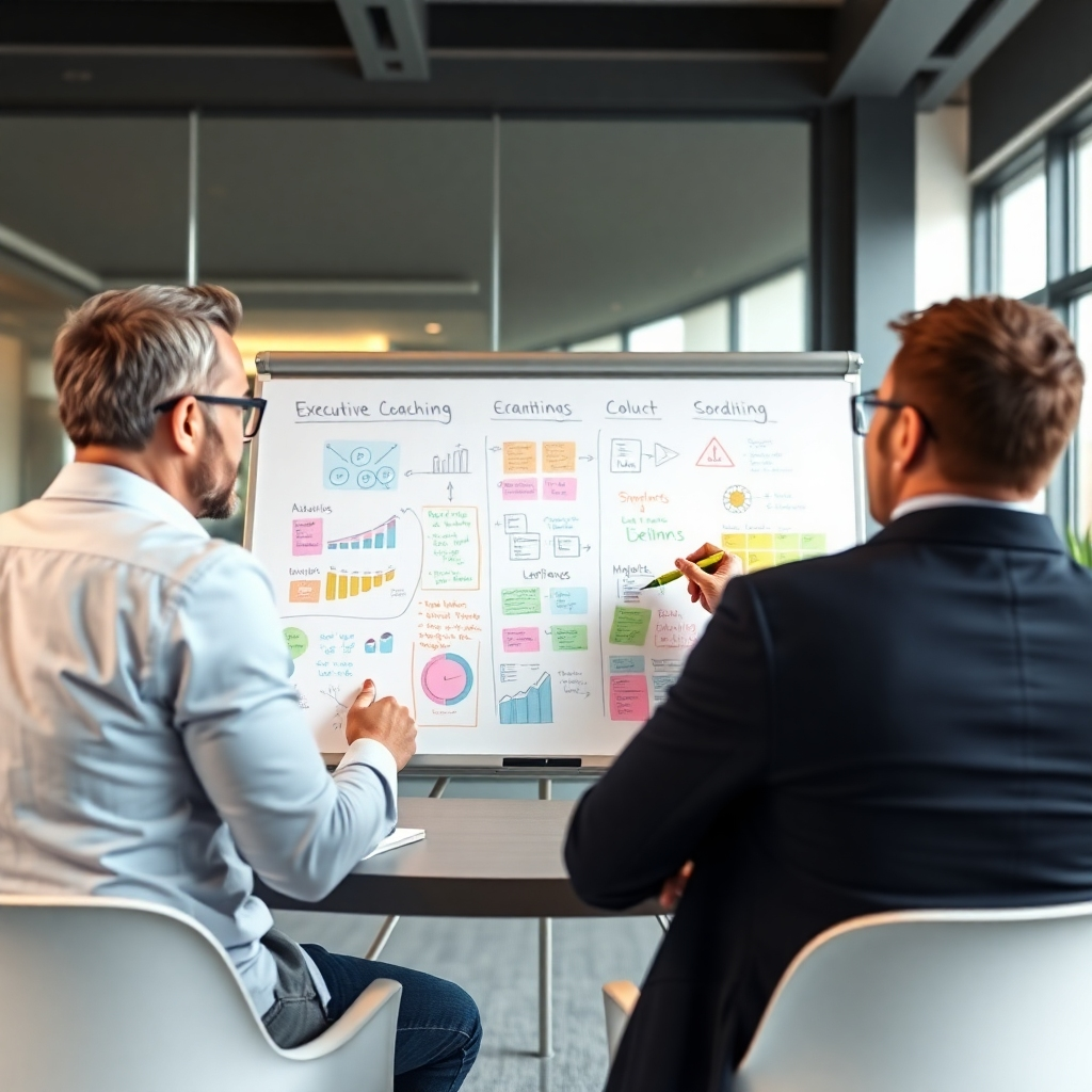A photorealistic image of a collaborative meeting between a client and a coach, using a whiteboard to brainstorm and plan.  The whiteboard is filled with colorful charts, diagrams, and strategic notes, showing a tailored approach to executive coaching. High-resolution, 8k quality, bright and airy office setting