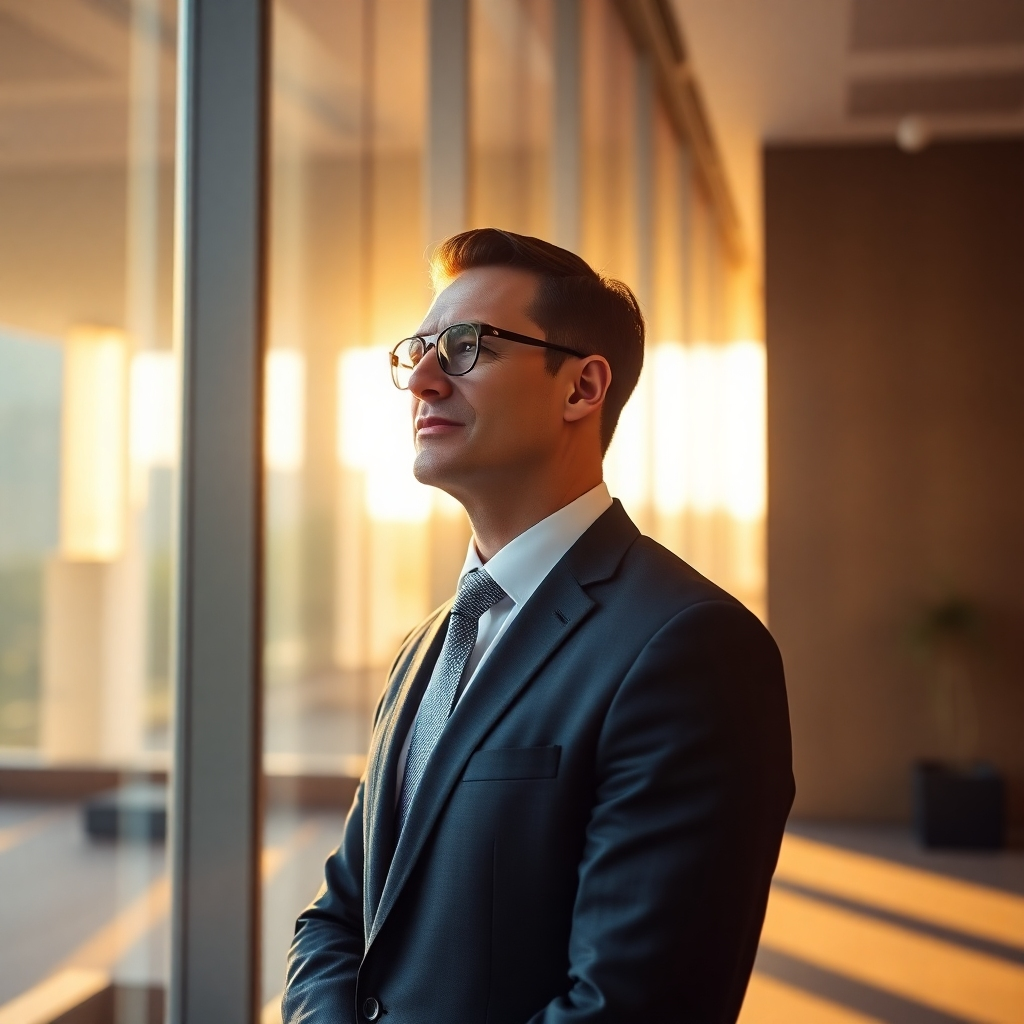 A photorealistic image of a confident business leader, looking thoughtfully out a large panoramic window of a modern office, sunlight streaming in. The leader is wearing a sharp, modern suit, and the overall feeling is one of ambition, potential, and empowerment. The background should be slightly blurred, focusing the viewer's attention on the leader. The color palette should be warm and inviting.