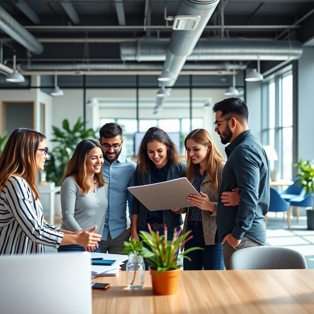 A photorealistic image of a diverse and engaged team collaborating effectively on a project in a modern, open-plan office. The image should convey a sense of unity, teamwork, high energy, and productivity, with the team members actively participating and supporting each other.