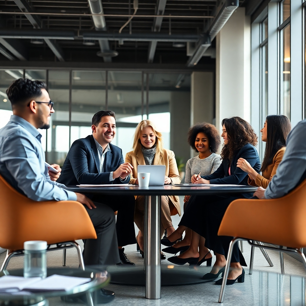 A photorealistic image of a diverse group of people engaged in a lively yet respectful business meeting.  The individuals should be actively listening to each other, using positive body language. The setting is a modern, bright, collaborative workspace. The atmosphere should convey trust, open communication, and mutual respect.