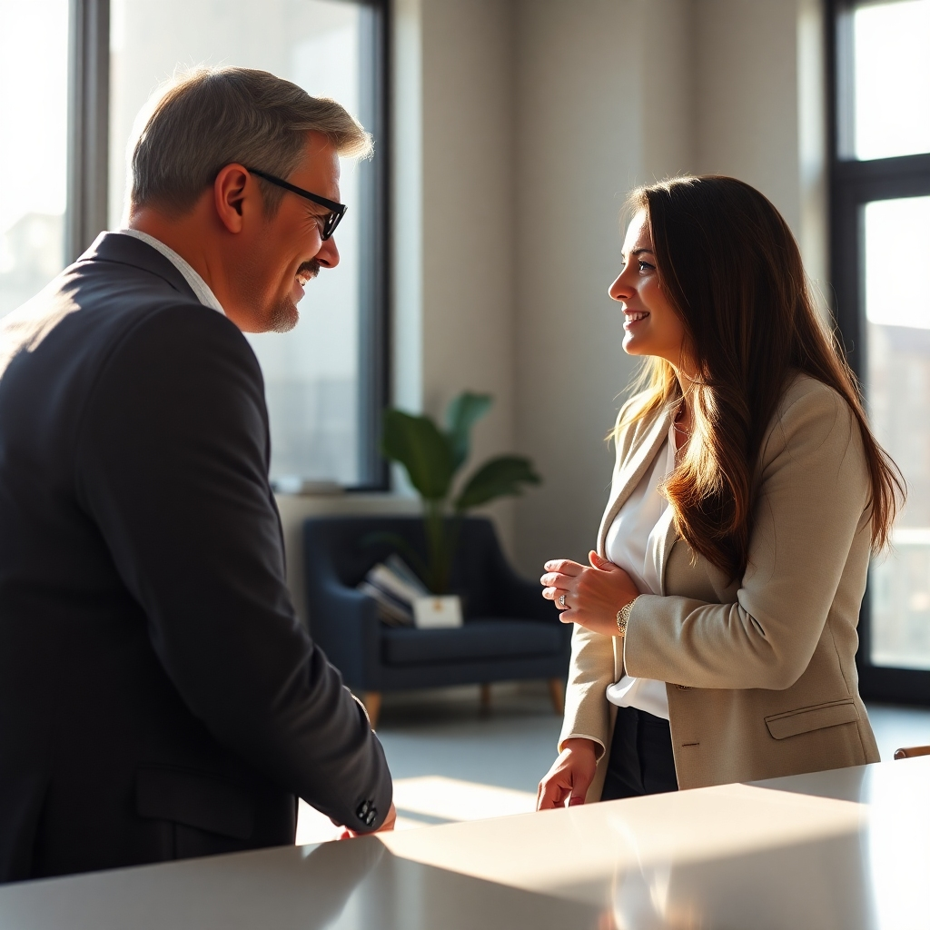 A photorealistic image of a modern, minimalist office with two people, a coach and a client, deeply engaged in conversation. The client is leaning forward attentively, and the coach has a warm and supportive expression. Sunlight streams in from a large window. The overall mood is professional yet relaxed and trusting. High-resolution, 8k quality, cinematic lighting