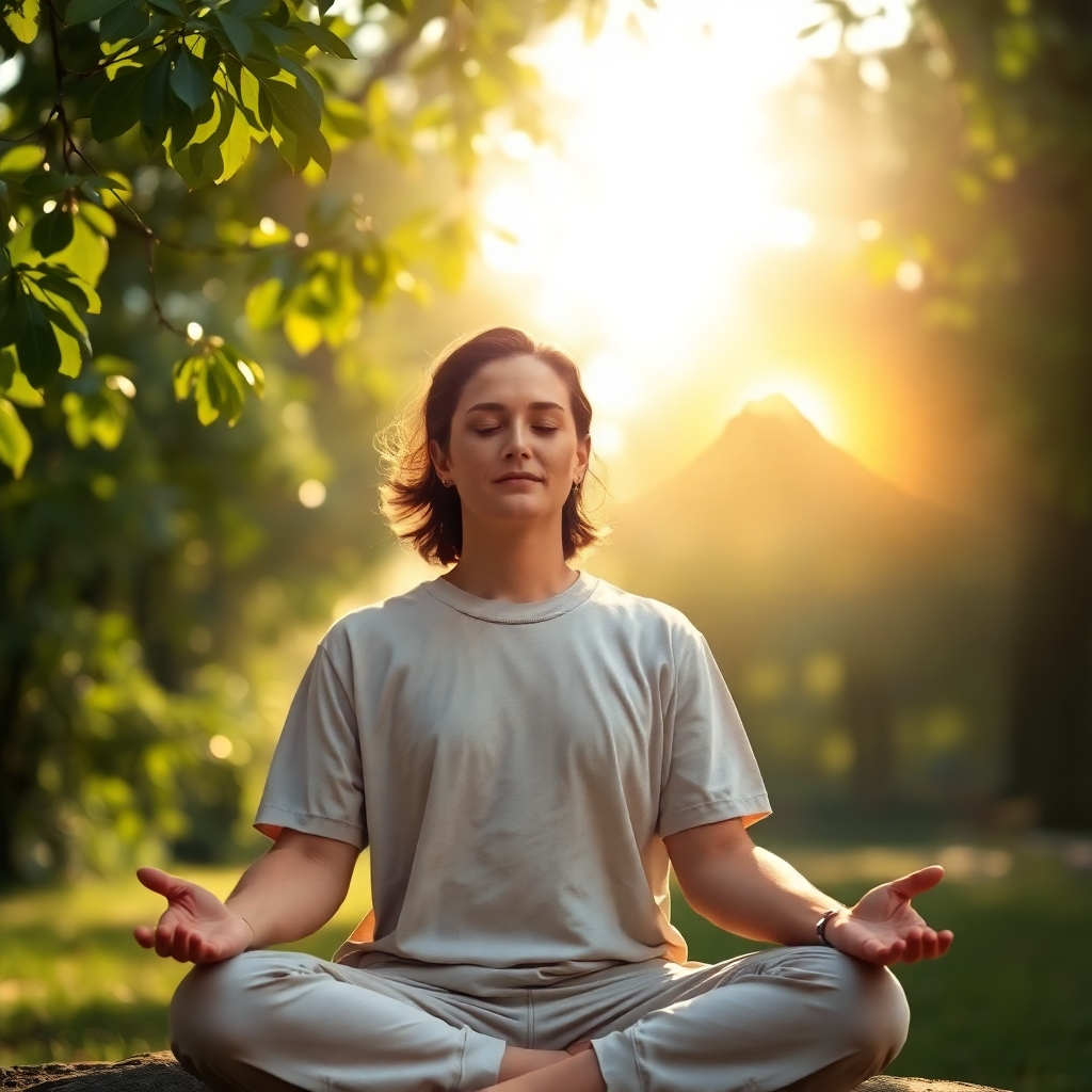 A photorealistic image of a person meditating in a serene natural setting, sunlight dappling through leaves.  The person is dressed in comfortable, neutral-colored clothing and appears calm and focused.  In the background, subtly blurred, are images representing inner strength and growth, such as a rising sun, a mountain peak, or a blossoming flower. The image should evoke a feeling of inner peace and self-discovery.