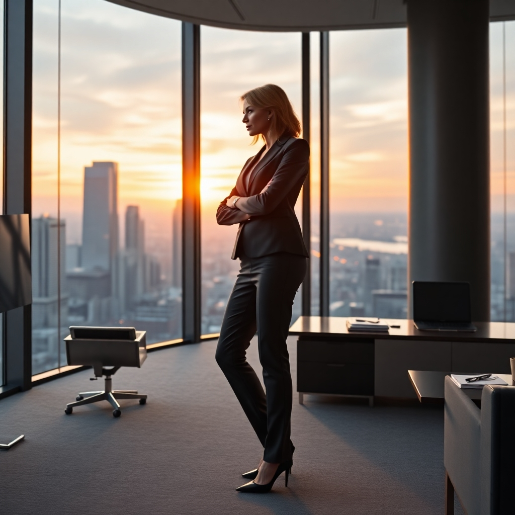 A photorealistic image, rendered in 8K resolution, showing a confident female executive standing confidently in her modern, spacious office, looking out a panoramic window overlooking a bustling city.  The lighting is dramatic, with natural sunlight streaming in from the side, creating a strong contrast and highlighting her figure.  The color palette consists of sophisticated neutrals, metallic accents, and the vibrant energy of the city outside. The camera angle is slightly below her eye level, emphasizing her power and authority.  Textures include the smooth glass of the window, the plush carpet beneath her feet, the fine fabric of her elegant business suit, and the detailed textures of the office furniture. The environment suggests success and ambition.  Props include a meticulously organized desk with a minimalist design, suggesting efficiency and organization. The background features a stunning city view at sunset or sunrise, implying achievement and future potential. The style is reminiscent of the work of Platon, known for capturing portraits that emphasize power and purpose.  The image is hyperrealistic and ultra-detailed, showcasing a superior level of image quality.