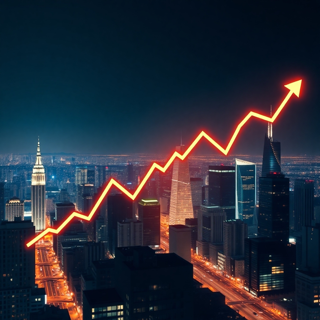A photorealistic image showing a stylized upward-trending graph overlaid on a cityscape at night. The graph should be vibrant and dynamic, representing growth and progress. The cityscape should be detailed and modern, conveying a feeling of ambition and success. The overall feeling should be one of hope, continuous improvement, and long-term sustainability.