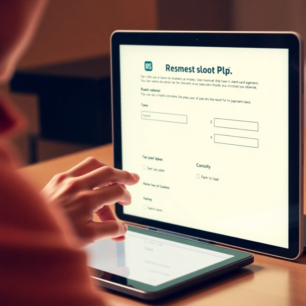 A 4K resolution image showing a person confidently completing an IRS payment plan form. They are using a digital tablet or computer. Warm color palette, soft lighting. The environment is clean and simple. The image should focus on the ease and confidence in filling the form.