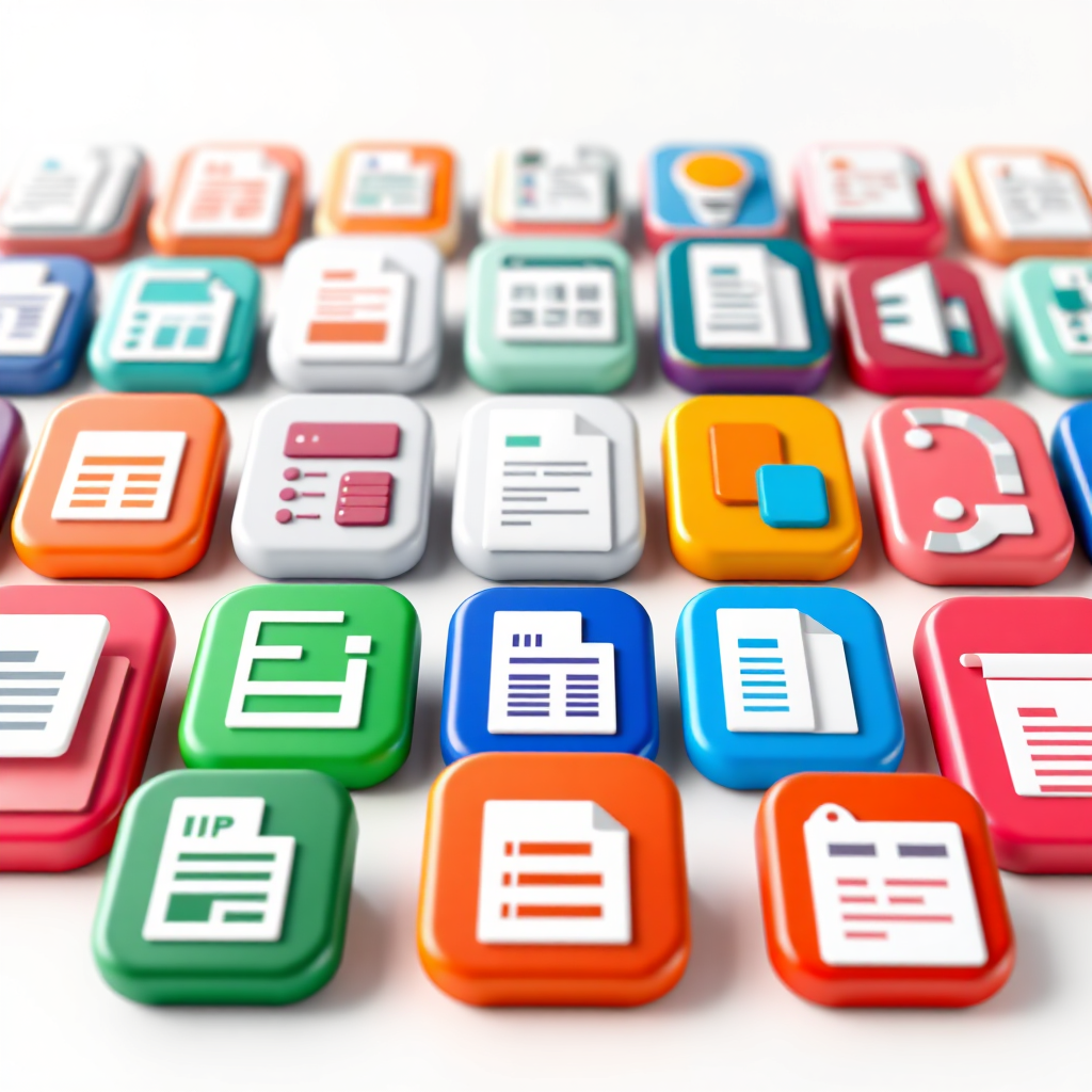 A digital rendering of a library of business template icons. Each icon represents a different type of template, such as a presentation, a budget, or a marketing plan. The icons are arranged in a grid-like structure, with vibrant colors that make them stand out. The background is a clean, modern design that complements the icons. The camera angle is a medium shot, showing the variety of templates available. The texture details are smooth and glossy, emphasizing the digital nature of the resource. Consider a style reminiscent of app store icons or website design elements. Technical specs: High resolution, vector graphics.